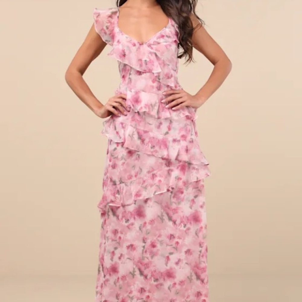 Lulus Evangeline Pink Floral Ruffled Maxi Dress